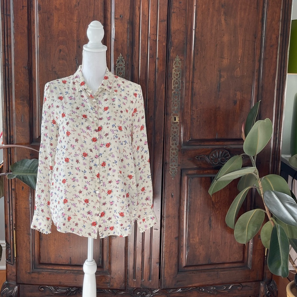 The Kooples Silk Button Down Floral Print Shirt